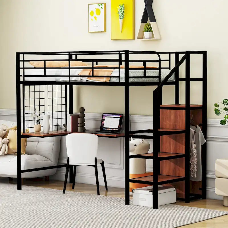 Twin Size Metal Loft Bed with L-Shaped Desk, Storage Ladder & Wardrobe