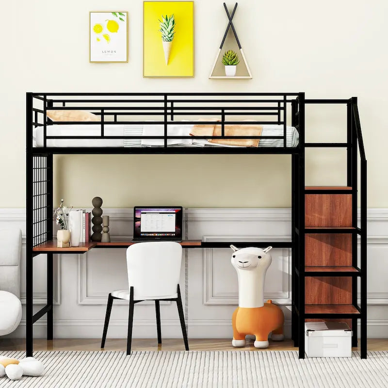 Twin Size Metal Loft Bed with L-Shaped Desk, Storage Ladder & Wardrobe