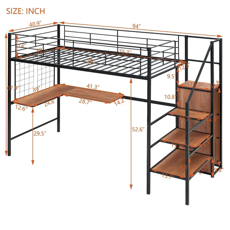 Twin Size Metal Loft Bed with L-Shaped Desk, Storage Ladder & Wardrobe
