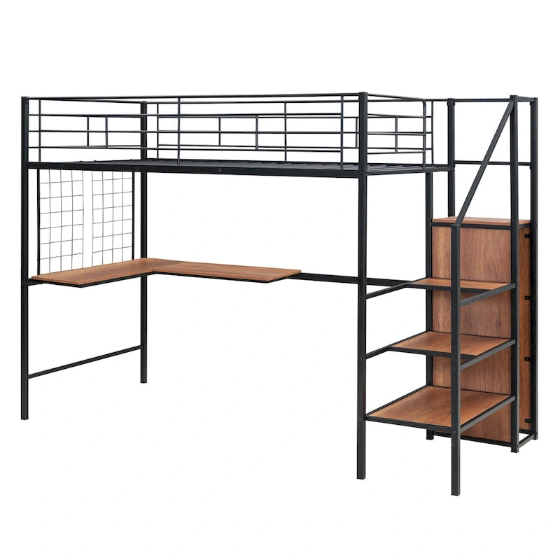 Twin Size Metal Loft Bed with L-Shaped Desk, Storage Ladder & Wardrobe