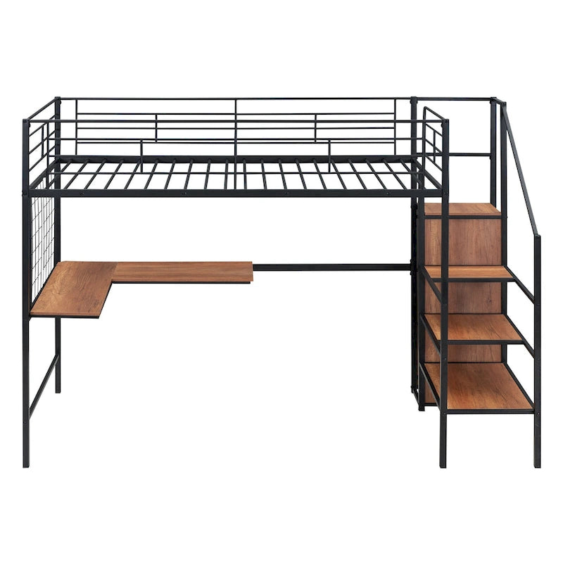 Twin Size Metal Loft Bed with L-Shaped Desk, Storage Ladder & Wardrobe