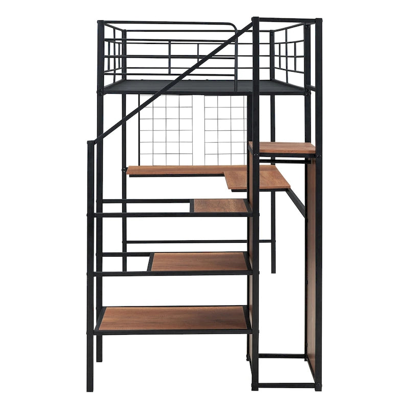 Twin Size Metal Loft Bed with L-Shaped Desk, Storage Ladder & Wardrobe