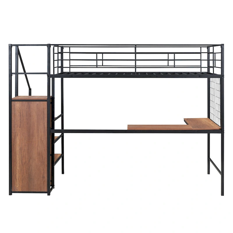Twin Size Metal Loft Bed with L-Shaped Desk, Storage Ladder & Wardrobe