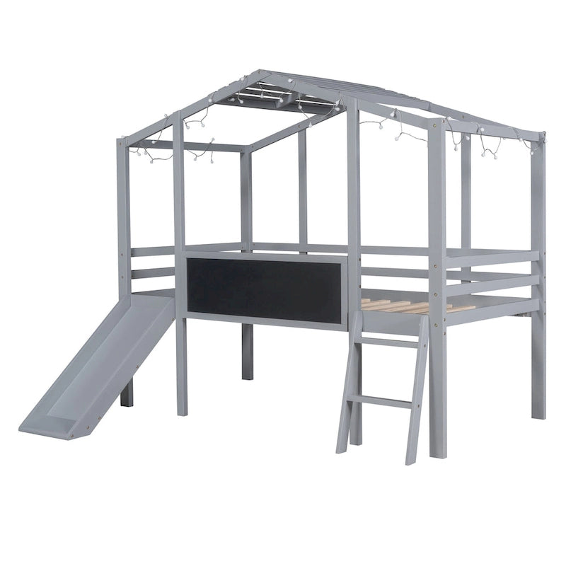 Cama alta con forma de casa, tobogán, tira de luces LED y pizarra