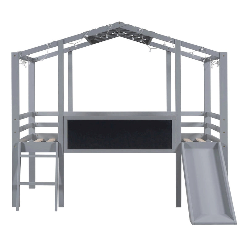 Cama alta con forma de casa, tobogán, tira de luces LED y pizarra