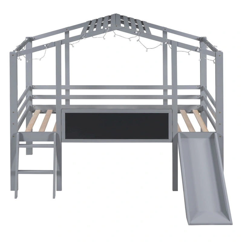 Cama alta con forma de casa, tobogán, tira de luces LED y pizarra
