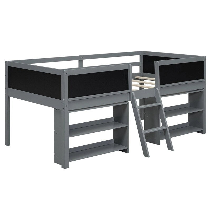 Low Loft Bed with Chalkboard Guardrails & Movable Shelves