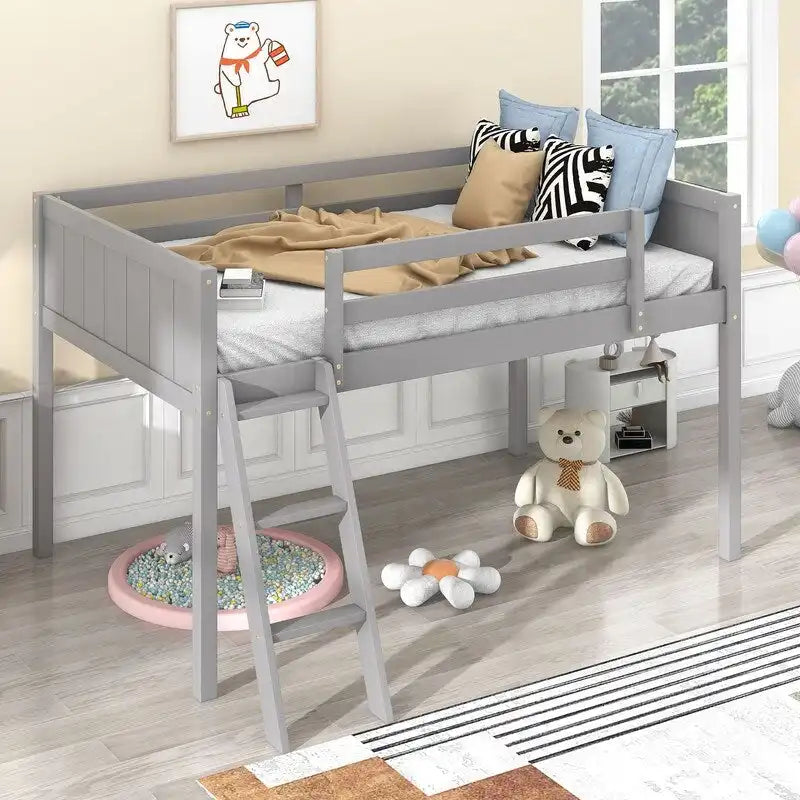 Low Loft Bed with Convertible Ladder