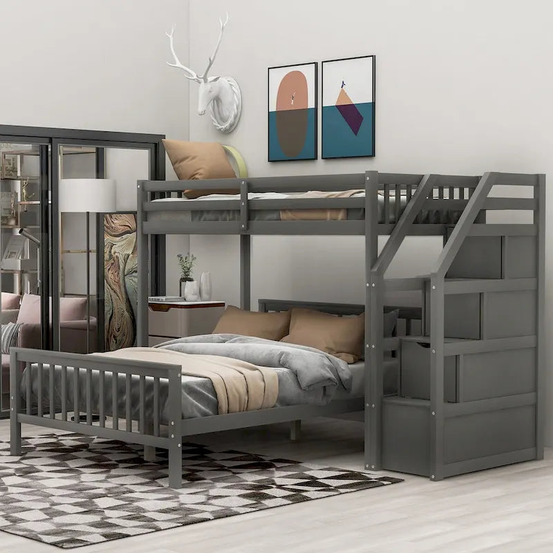 Lit superposé une place sur lit double avec 3 compartiments de rangement, barrière de sécurité pleine longueur et échelle