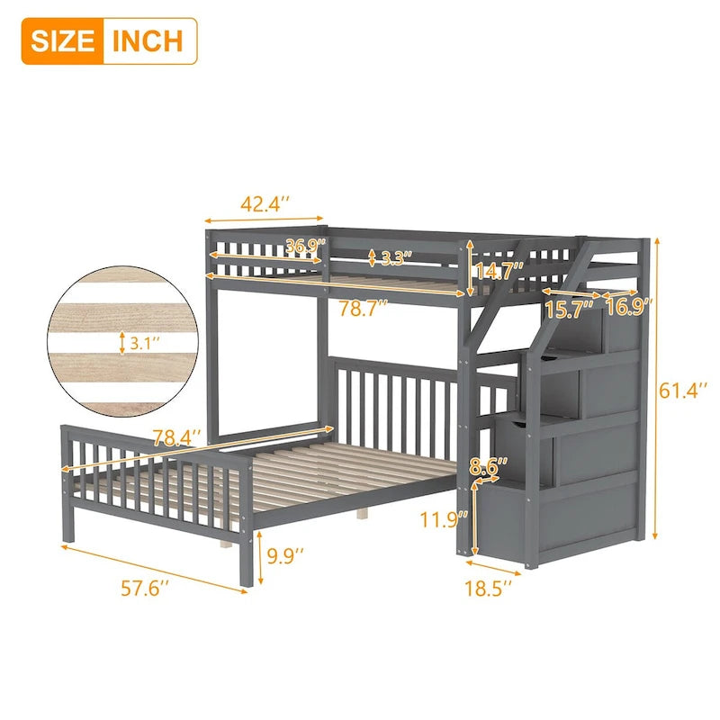 Lit superposé une place sur lit double avec 3 compartiments de rangement, barrière de sécurité pleine longueur et échelle