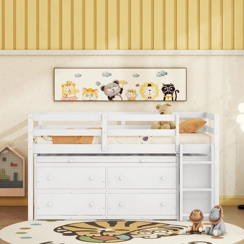 Twin Size Loft Bed with Retractable Writing Desk and 4 Drawers