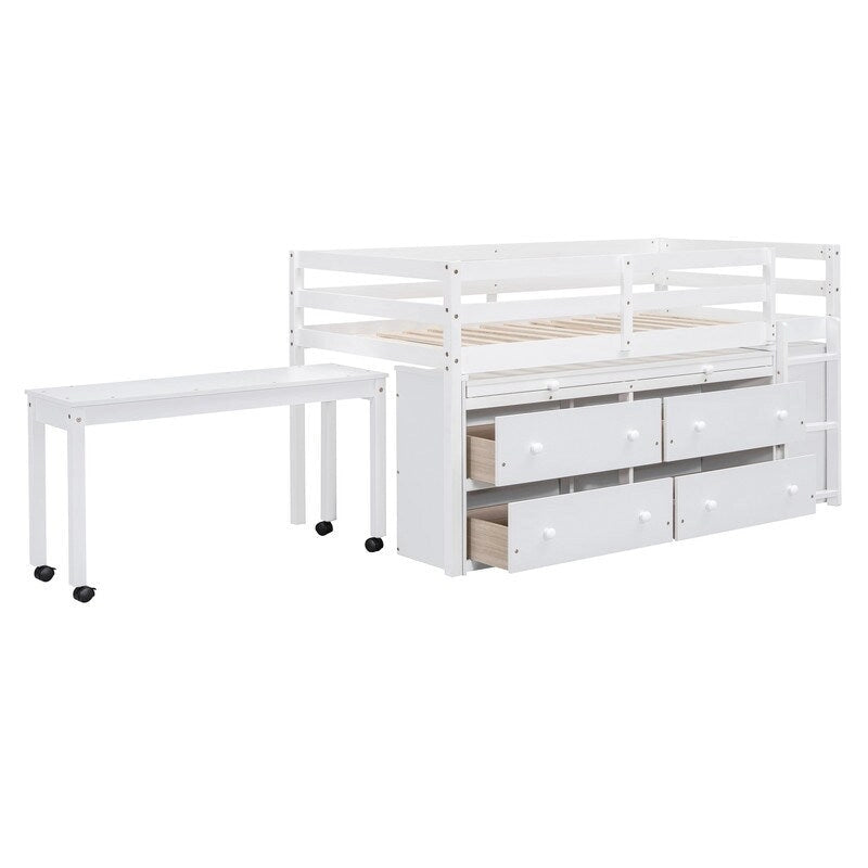 Letto a soppalco Twin con scrivania estraibile, comodino e 4 cassetti