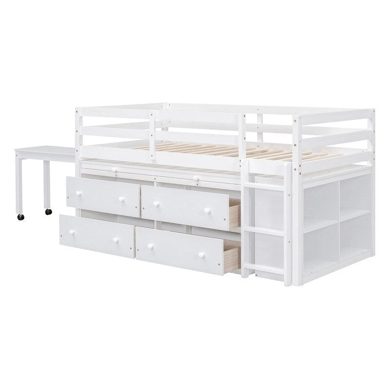 Cama alta individual con escritorio retráctil, mesa auxiliar y 4 cajones