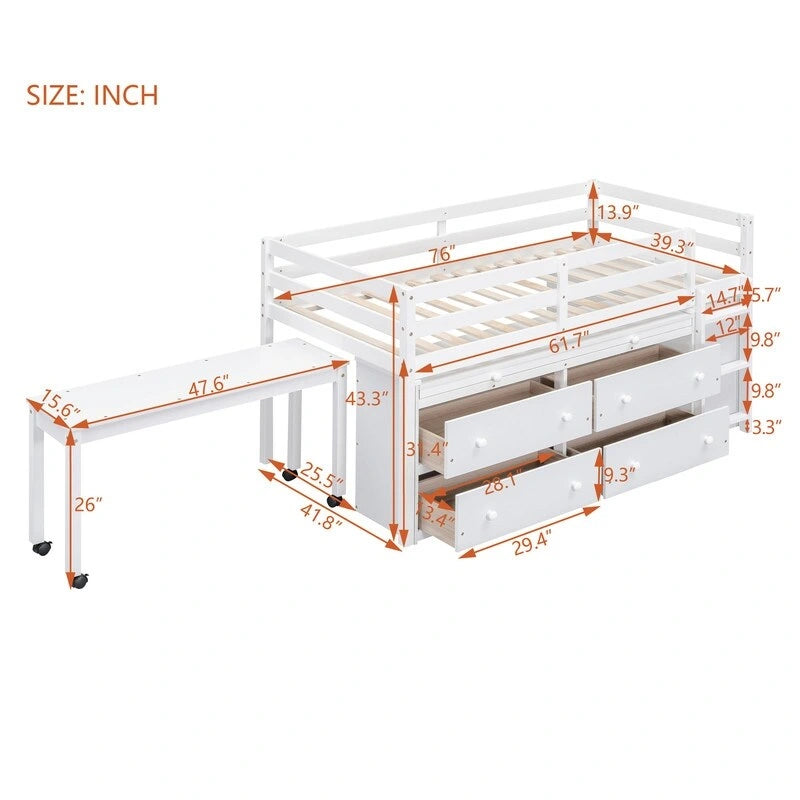 Letto a soppalco Twin con scrivania estraibile, comodino e 4 cassetti