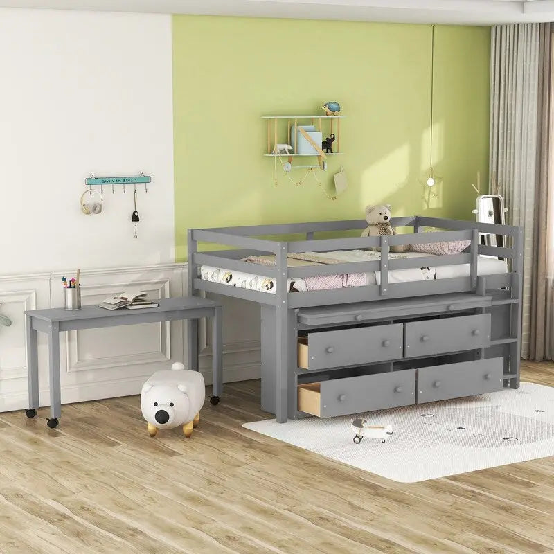 Cama alta individual con escritorio retráctil, mesa auxiliar y 4 cajones