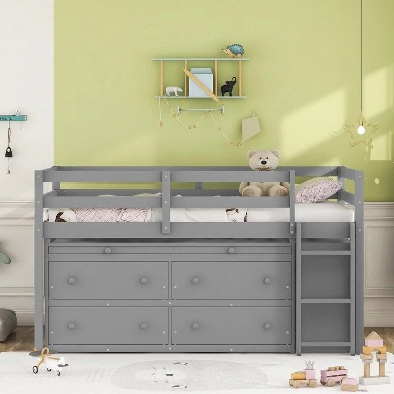 Cama alta individual con escritorio retráctil, mesa auxiliar y 4 cajones