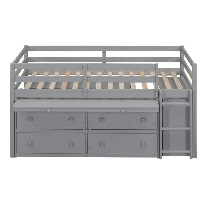 Cama alta individual con escritorio retráctil, mesa auxiliar y 4 cajones