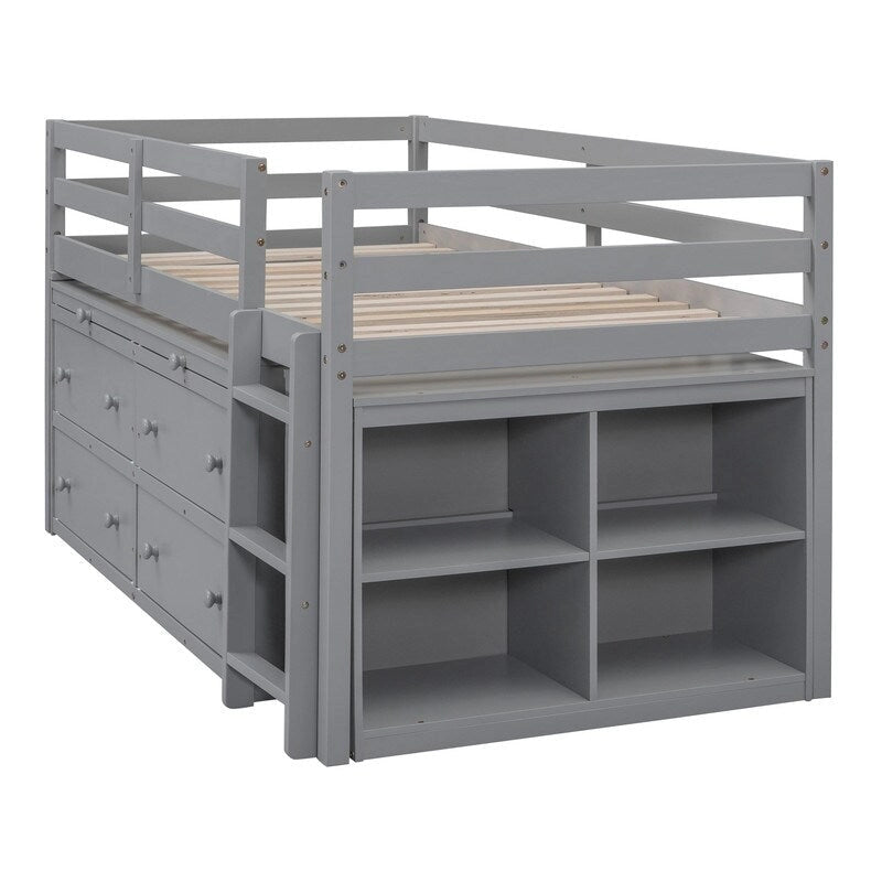 Cama alta individual con escritorio retráctil, mesa auxiliar y 4 cajones