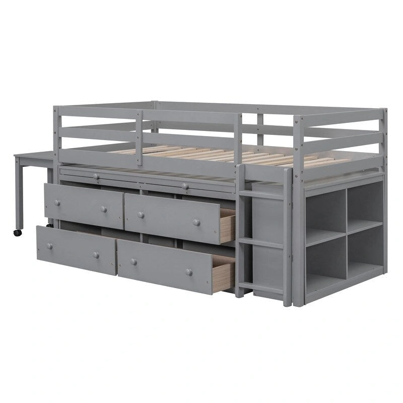 Cama alta individual con escritorio retráctil, mesa auxiliar y 4 cajones