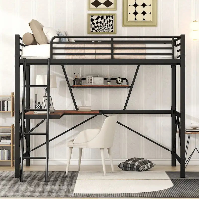 Metall-Hochbett mit integriertem Schreibtisch und Regal — Twin / Full