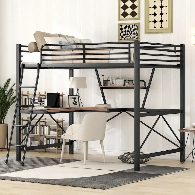 Metall-Hochbett mit integriertem Schreibtisch und Regal — Twin / Full