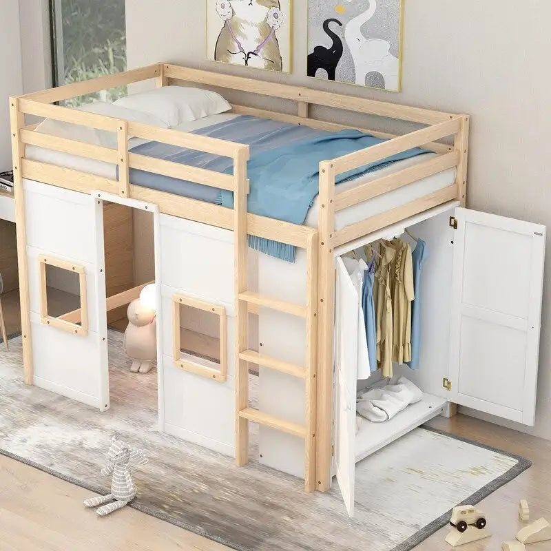 Wood Loft Bed with Built-in Wardrobe & Decorative Windows