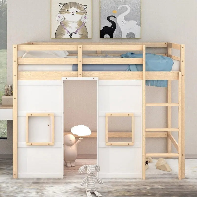 Hochbett aus Holz mit integriertem Kleiderschrank und dekorativen Fenstern