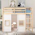 Hochbett aus Holz mit integriertem Kleiderschrank und dekorativen Fenstern