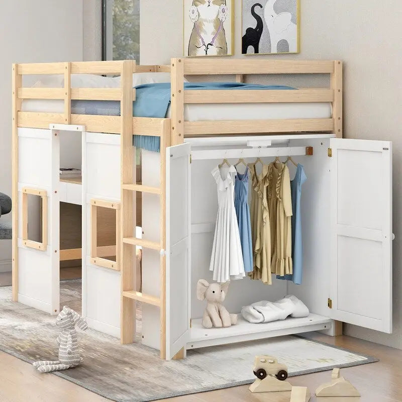 Hochbett aus Holz mit integriertem Kleiderschrank und dekorativen Fenstern