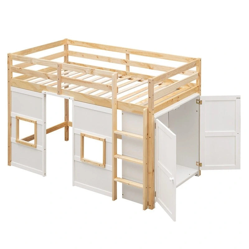 Hochbett aus Holz mit integriertem Kleiderschrank und dekorativen Fenstern