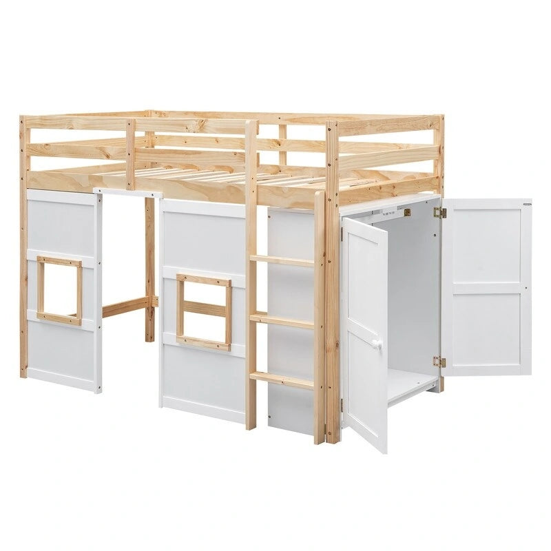 Hochbett aus Holz mit integriertem Kleiderschrank und dekorativen Fenstern