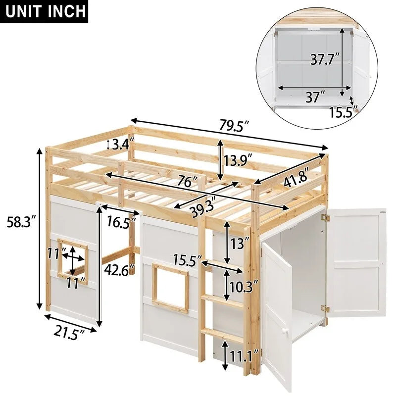 Hochbett aus Holz mit integriertem Kleiderschrank und dekorativen Fenstern
