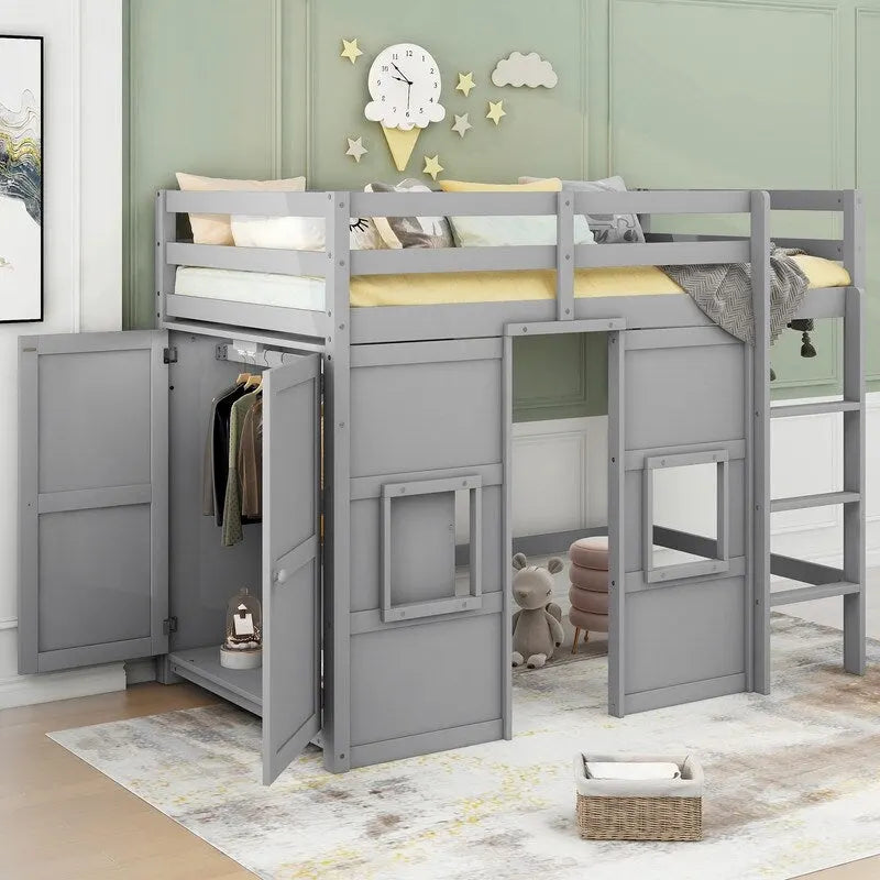 Hochbett aus Holz mit integriertem Kleiderschrank und dekorativen Fenstern