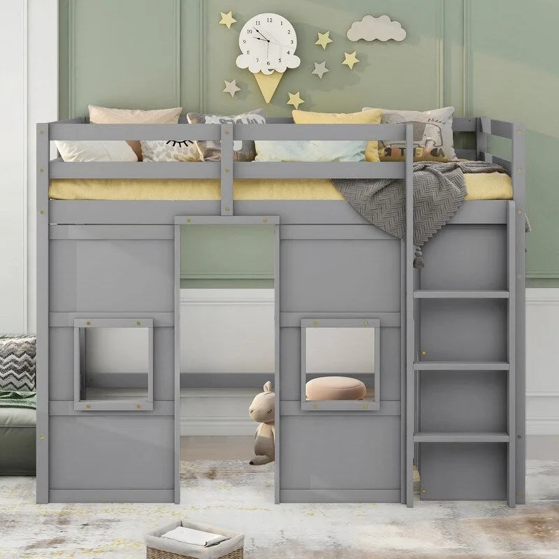 Hochbett aus Holz mit integriertem Kleiderschrank und dekorativen Fenstern