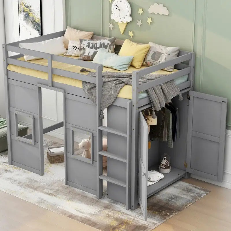 Hochbett aus Holz mit integriertem Kleiderschrank und dekorativen Fenstern