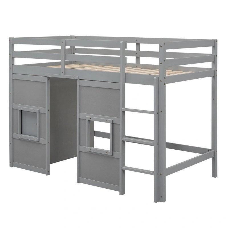 Hochbett aus Holz mit integriertem Kleiderschrank und dekorativen Fenstern