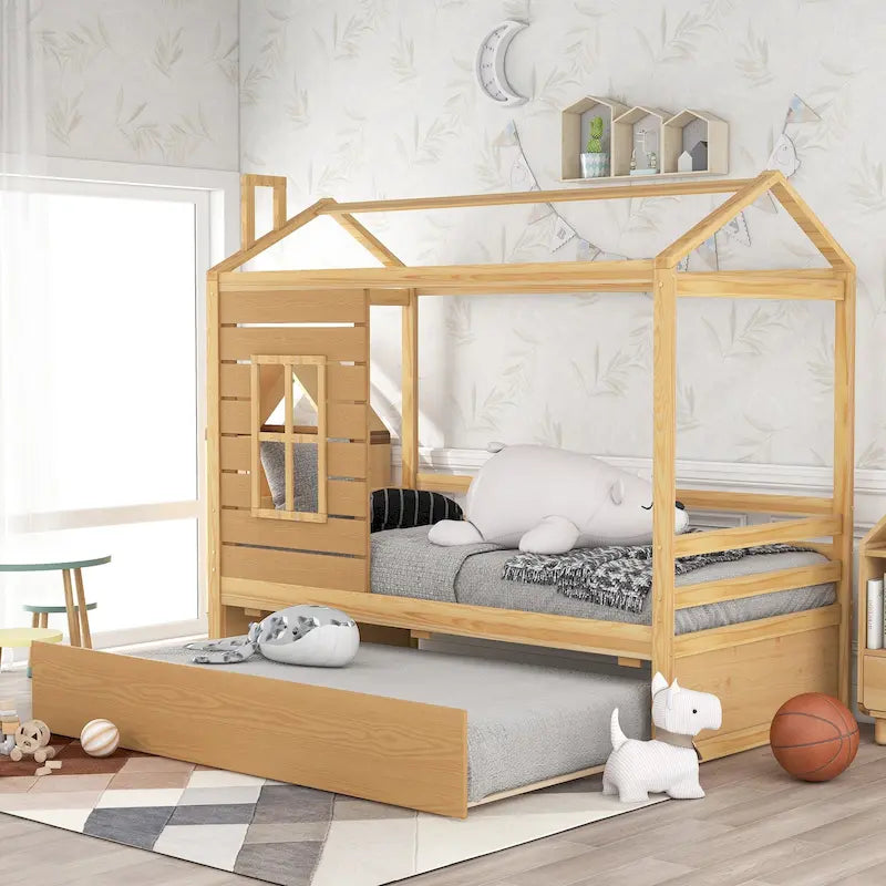 Cama con forma de casa, cama nido, techo y ventanas