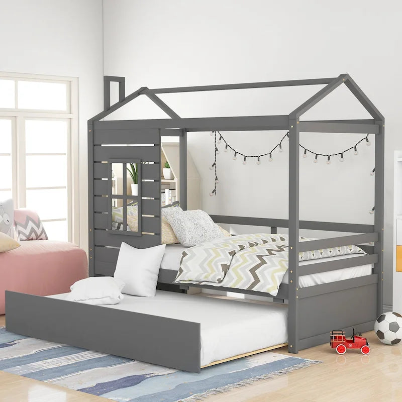 Cama con forma de casa, cama nido, techo y ventanas