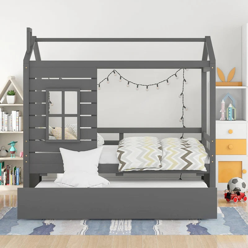House Bed with Trundle, Roof & Windows