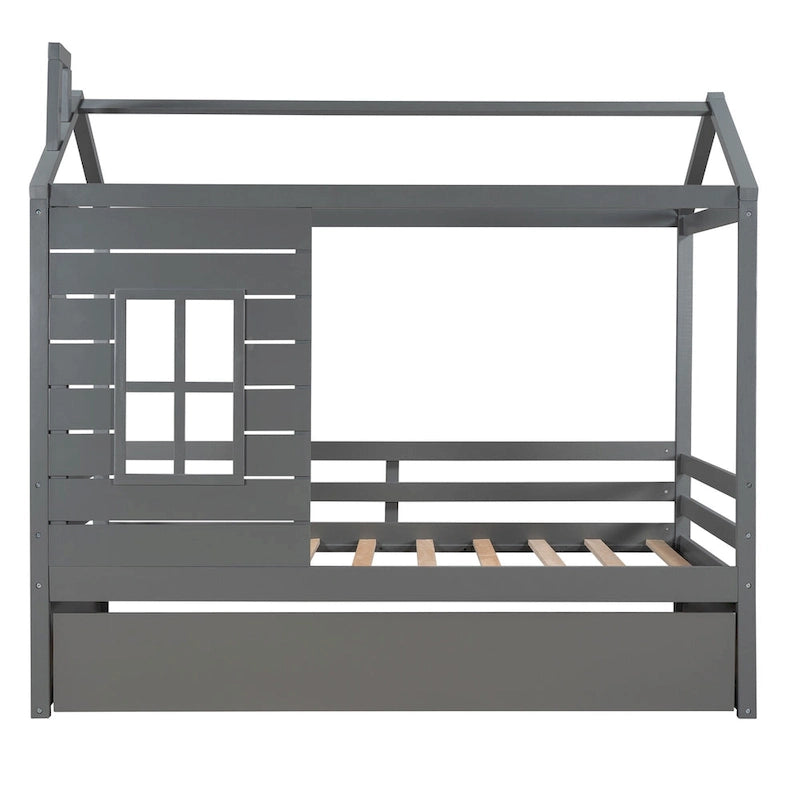 Cama con forma de casa, cama nido, techo y ventanas