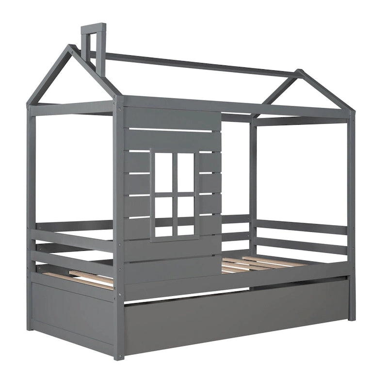 House Bed with Trundle, Roof & Windows