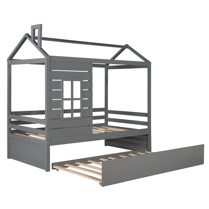 House Bed with Trundle, Roof & Windows