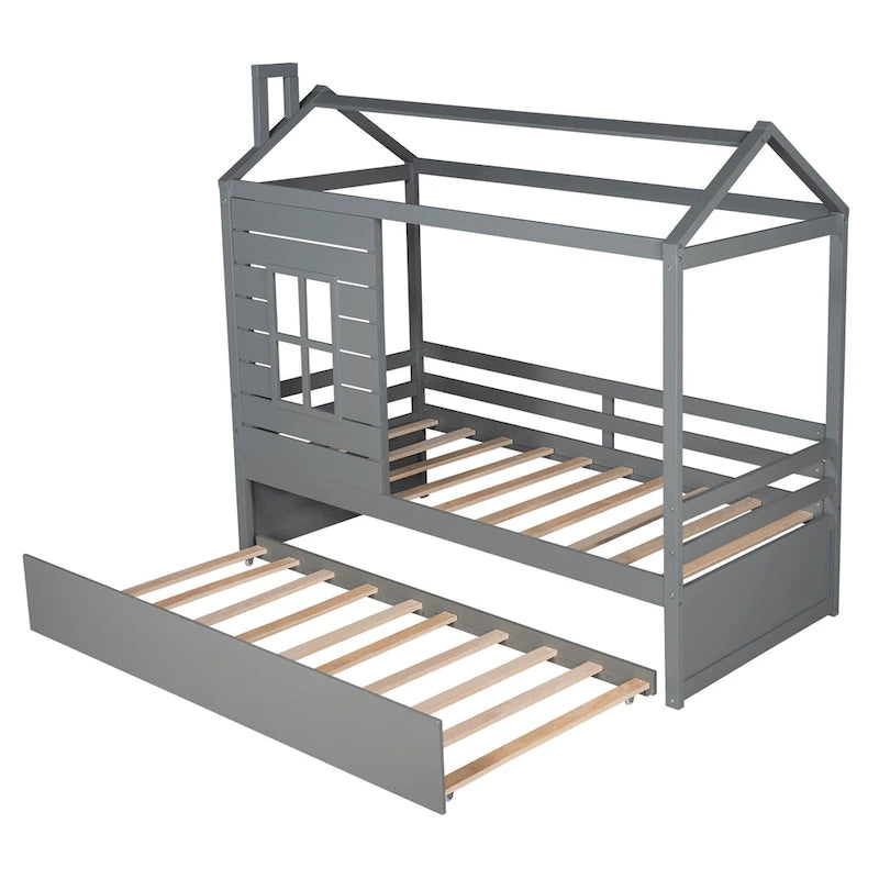 House Bed with Trundle, Roof & Windows