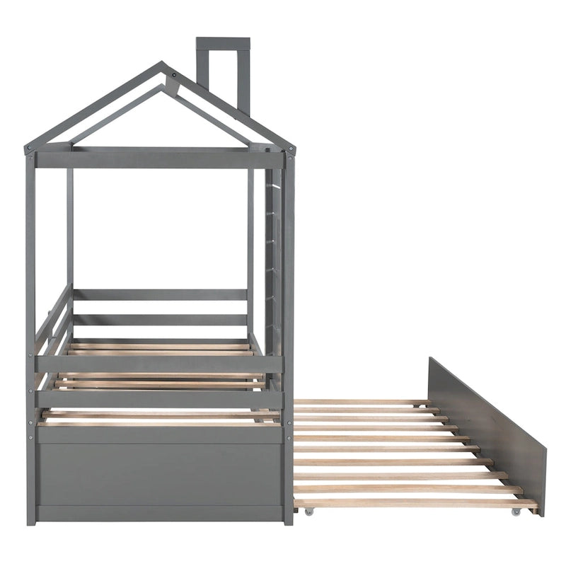 House Bed with Trundle, Roof & Windows