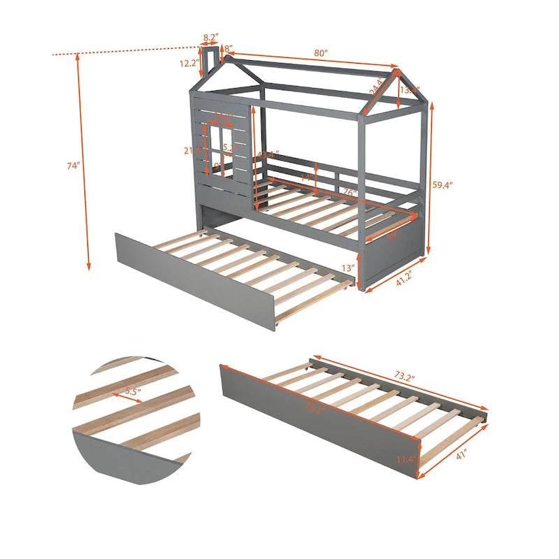 House Bed with Trundle, Roof & Windows