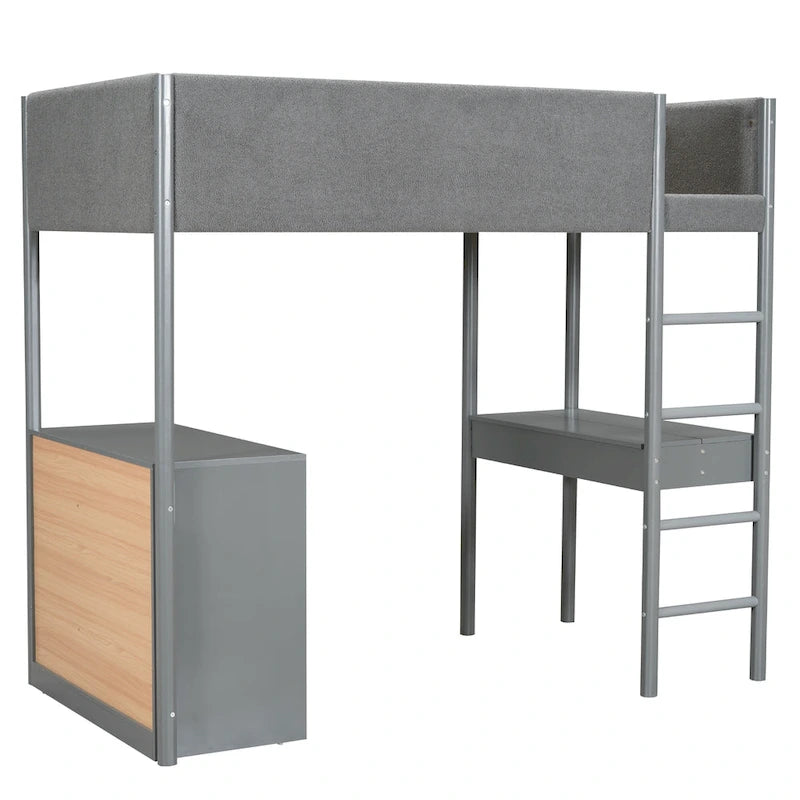 Lit mezzanine rembourré avec tiroirs, étagère de rangement et bureau pliant