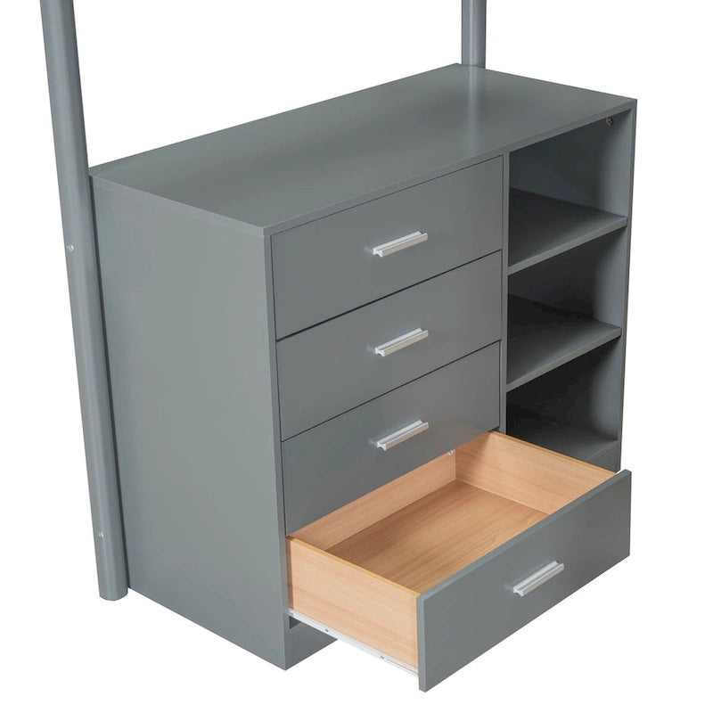 Lit mezzanine rembourré avec tiroirs, étagère de rangement et bureau pliant