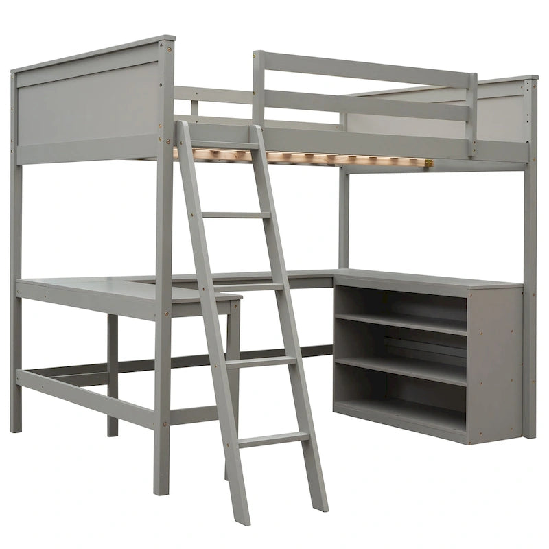 Letto a soppalco in legno con mensole contenitore e scrivania