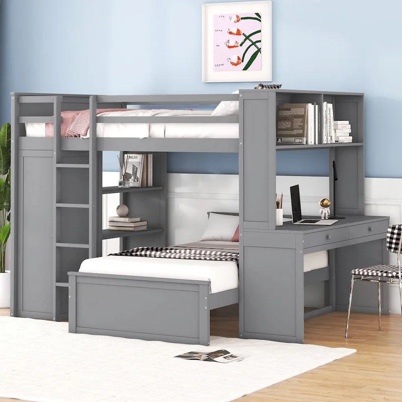 Loft Bed with Twin Stand-Alone Bed, Desk & Wardrobe
