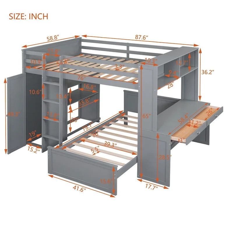 Loft Bed with Twin Stand-Alone Bed, Desk & Wardrobe